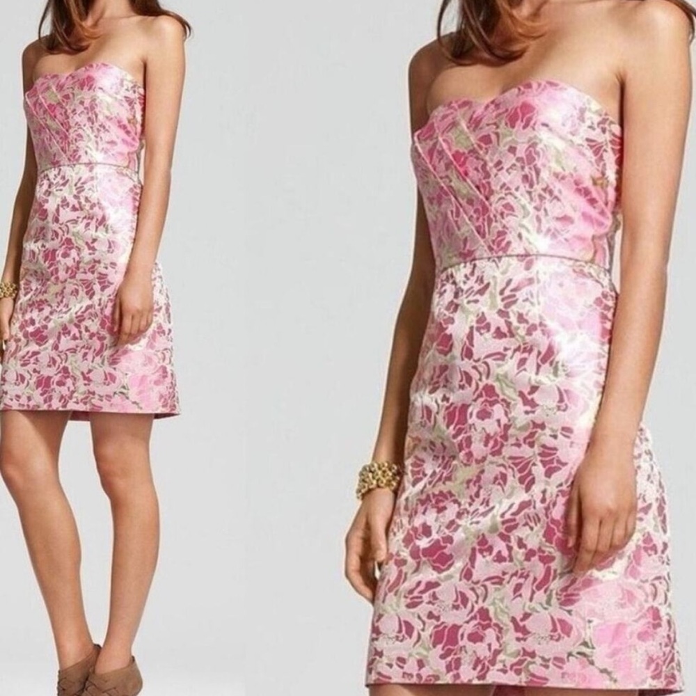 Lilly Pulitzer Silk Raya Dress Pink Gold Jacquard Mini Strapless Sweetheart Sz 8